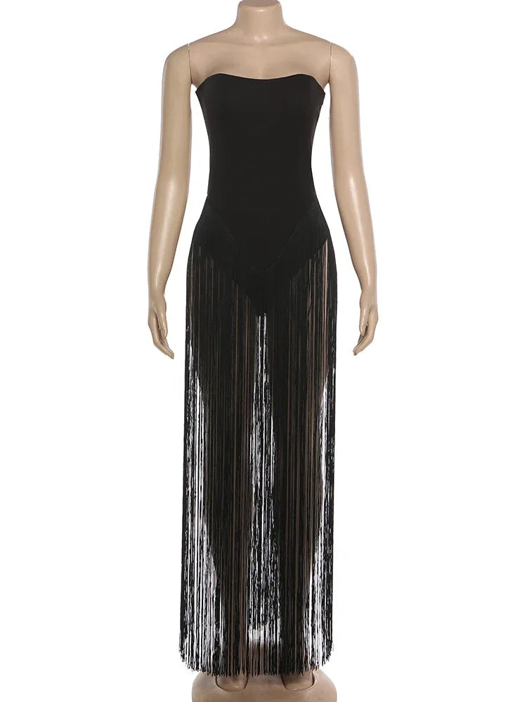 Woodhaven Strapless Patchwork Tassel Sexy Beach Clubwear Midnight Romper