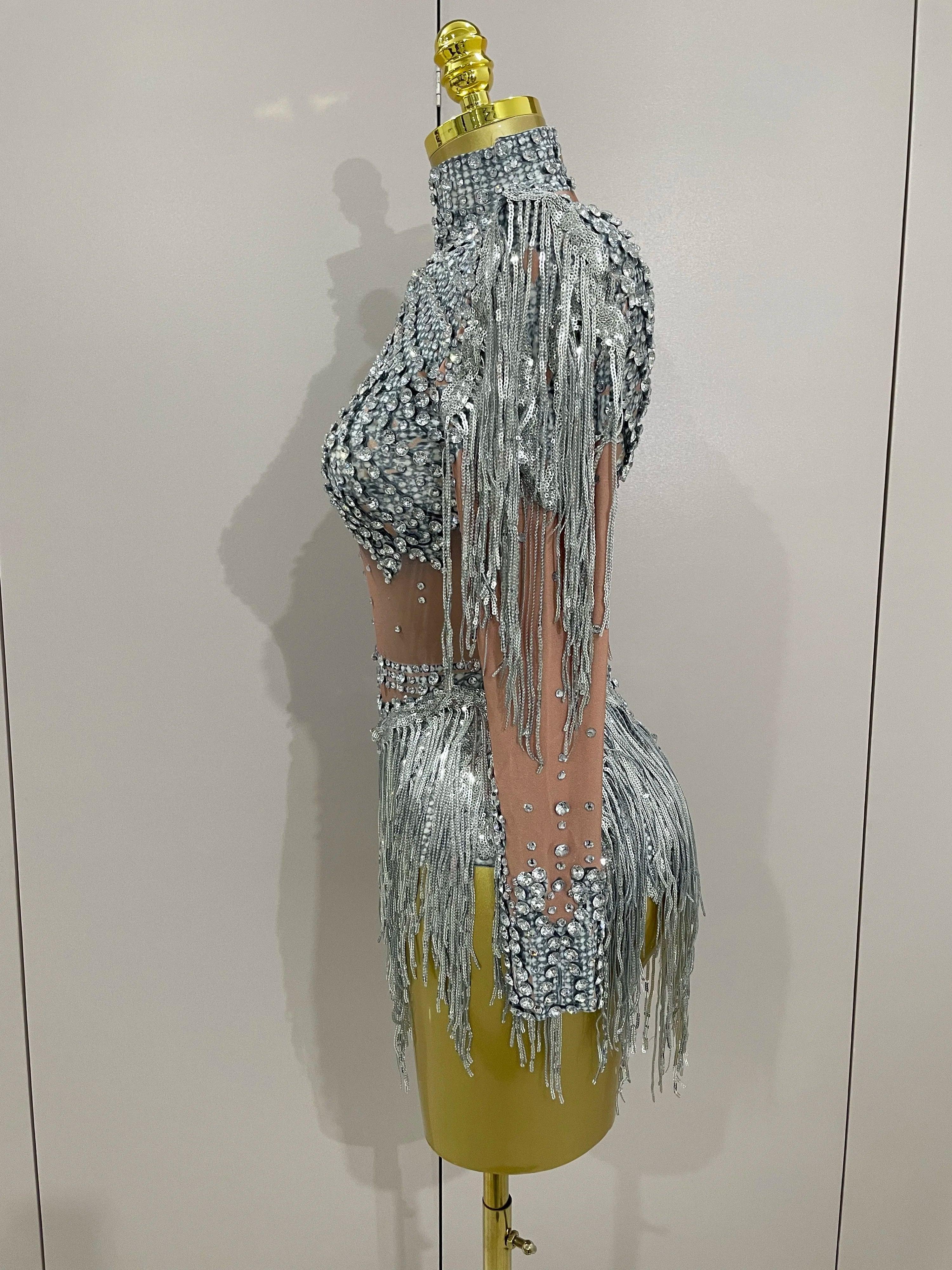 Chambersburg Sparkly Rhinestone Sequin Tassel Stretch Jumpsuit