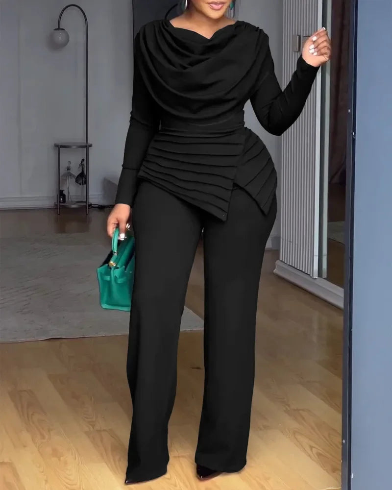 Birmingham Swing Collar Ruched Jumpsuit Long Sleeve Solid Elegant Color