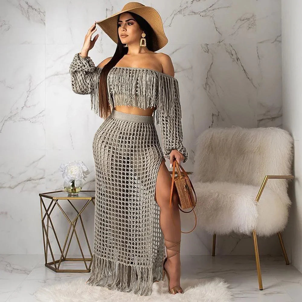 Off Shoulder Tassel Hollow Out Beach Set