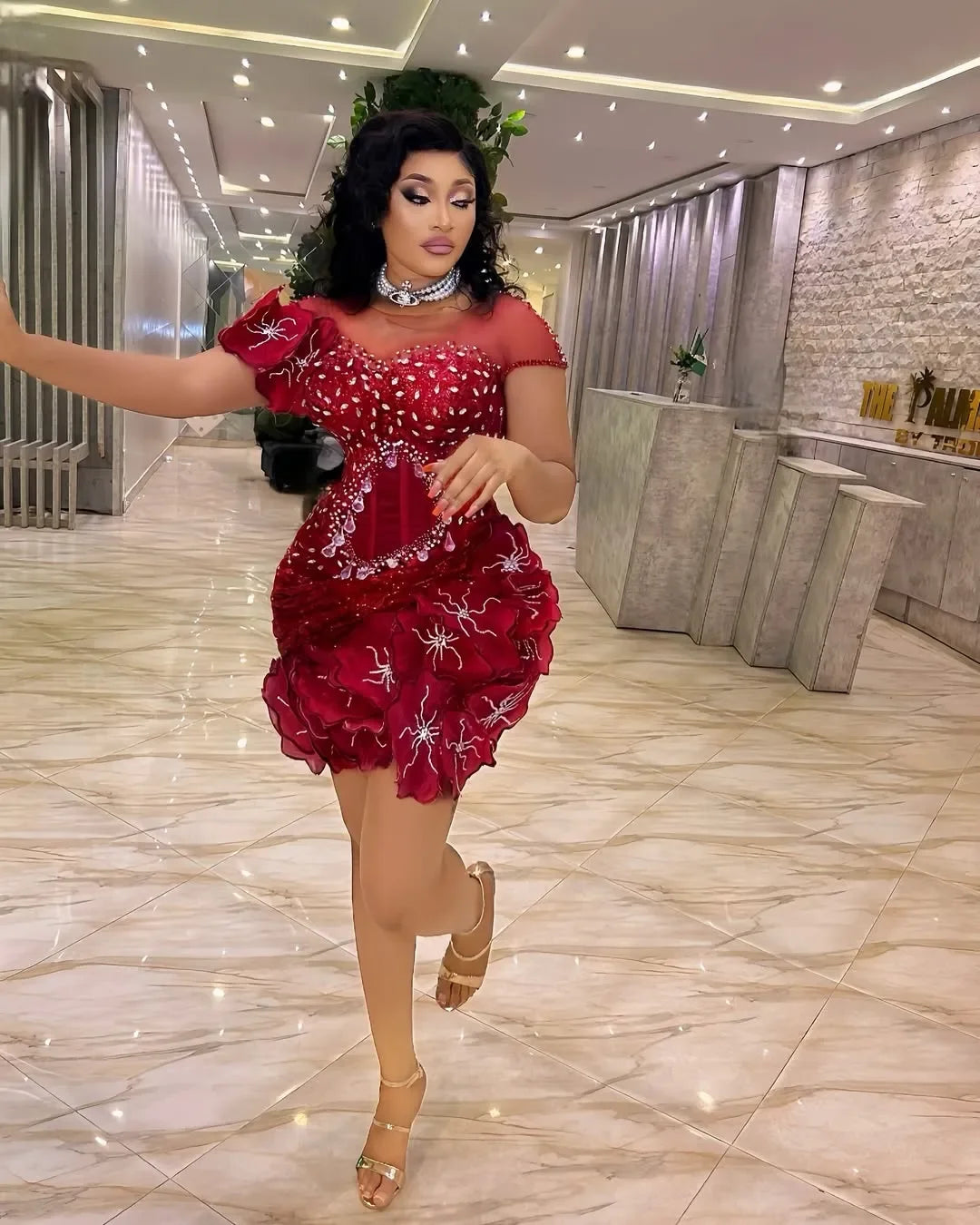 Plus Size Cocktail Appliqued Beaded Sequined Lace Gowns Customized Mini Dress