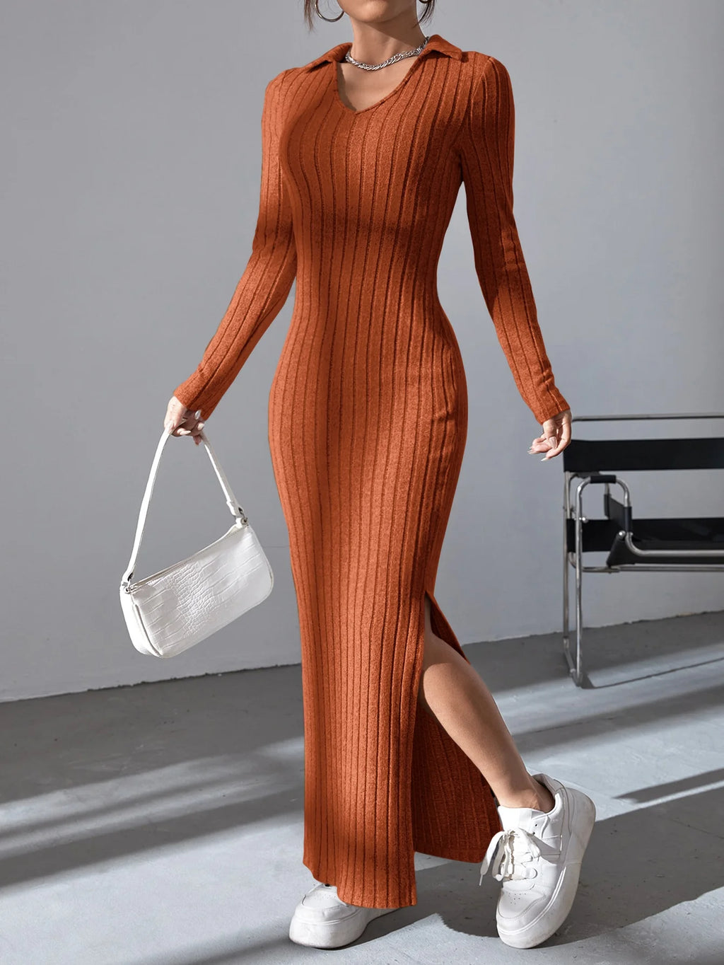 Virginia Knit V Neck Reverse Neck Split Falls Dress