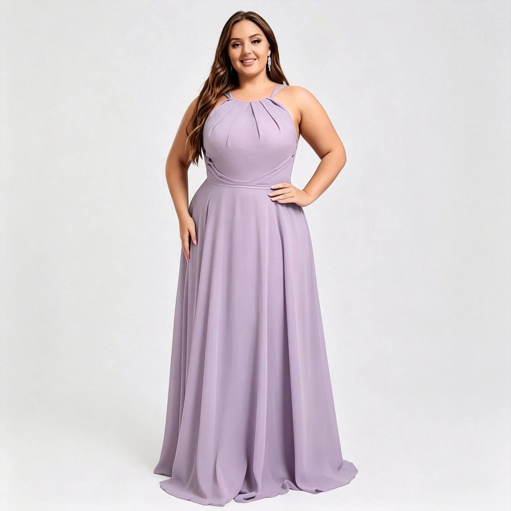Los Mina Plus Size Halter Chiffon Bridesmaid Spaghetti Straps A Line Maxi Dress