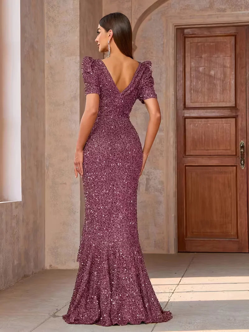 Miami Elegant Sequin Evening Gown Stunning Long Ruched Maxi Dress