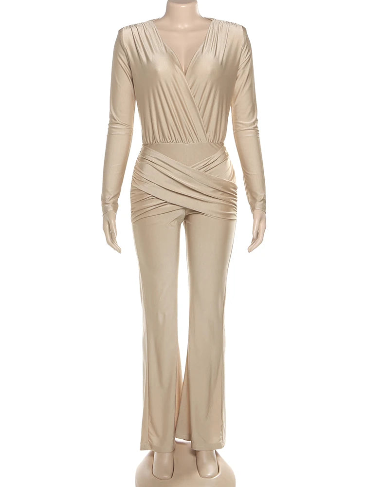 Rochester Puss Cross Ruched Patchwork Deep v-Neck Elegant Jumpsuit