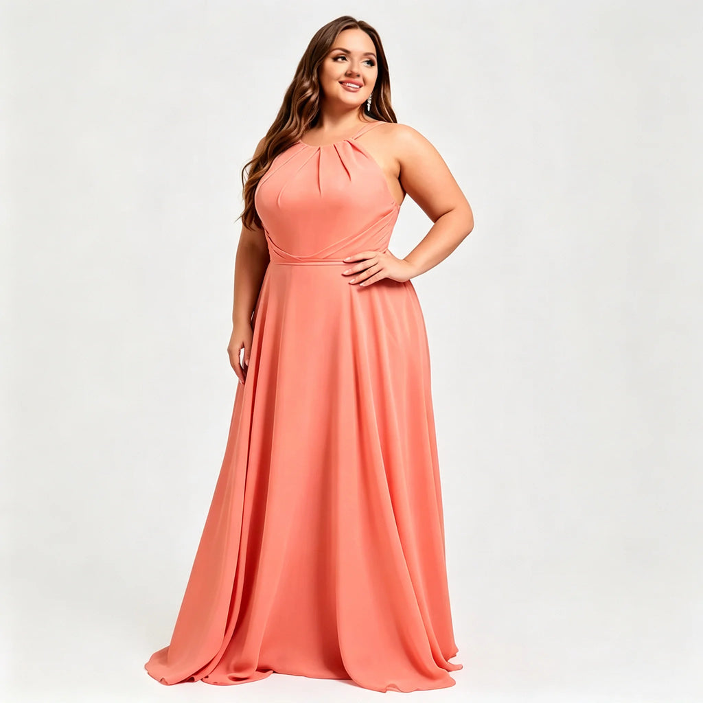 Los Mina Plus Size Halter Chiffon Bridesmaid Spaghetti Straps A Line Maxi Dress