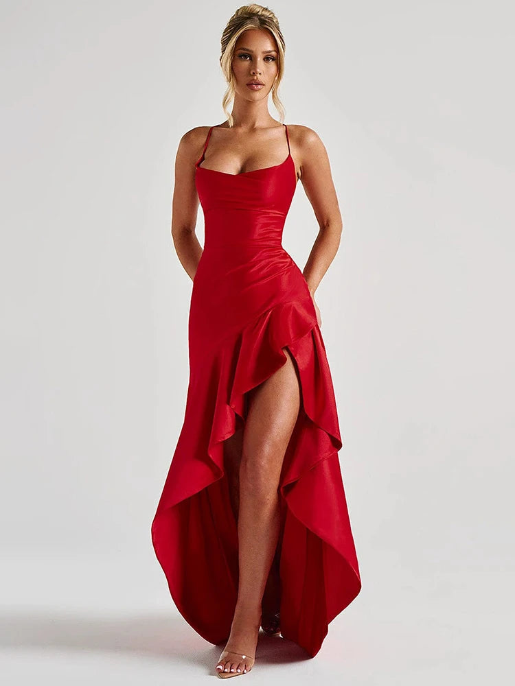 Haverstraw Satin Spaghetti Strap Ruffle Sexy Off-shoulder Sleeveless Backless Maxi Dress
