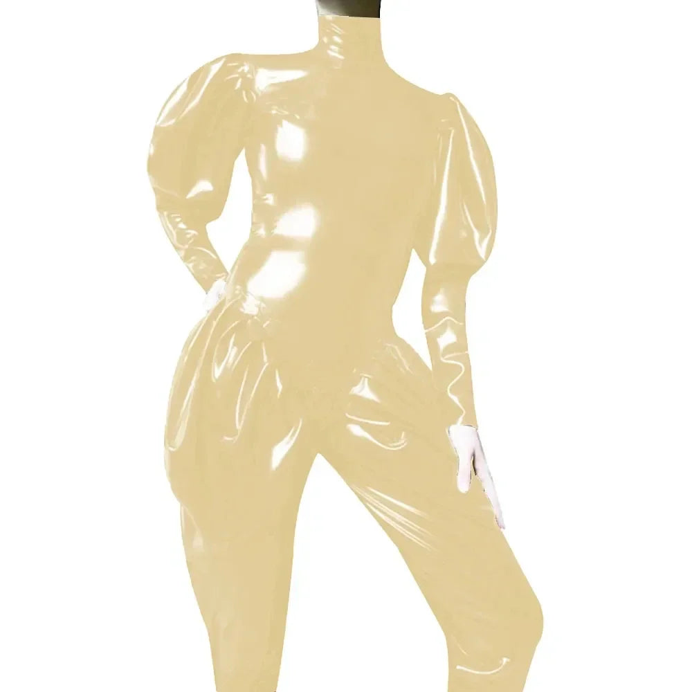 Sleeves Jumpsuit Sexy Zipper Open Crotch Catsuit Party High Neck Wetlook Rompers Female