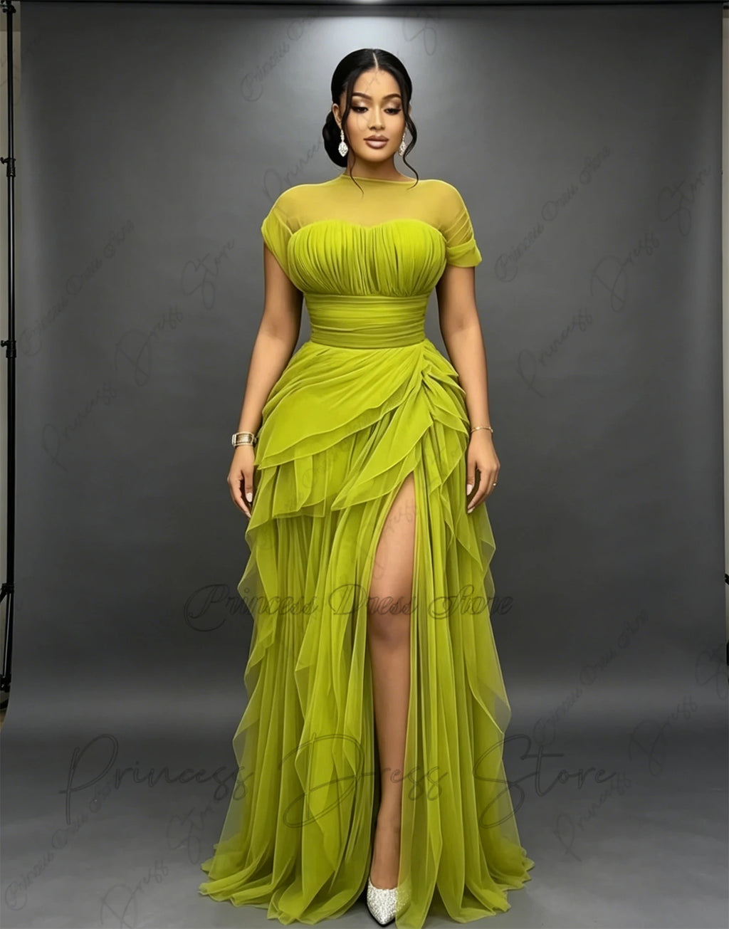 Bani Elegant Pleats Tulle Split Long Evening Gowns Birthday Party Dress
