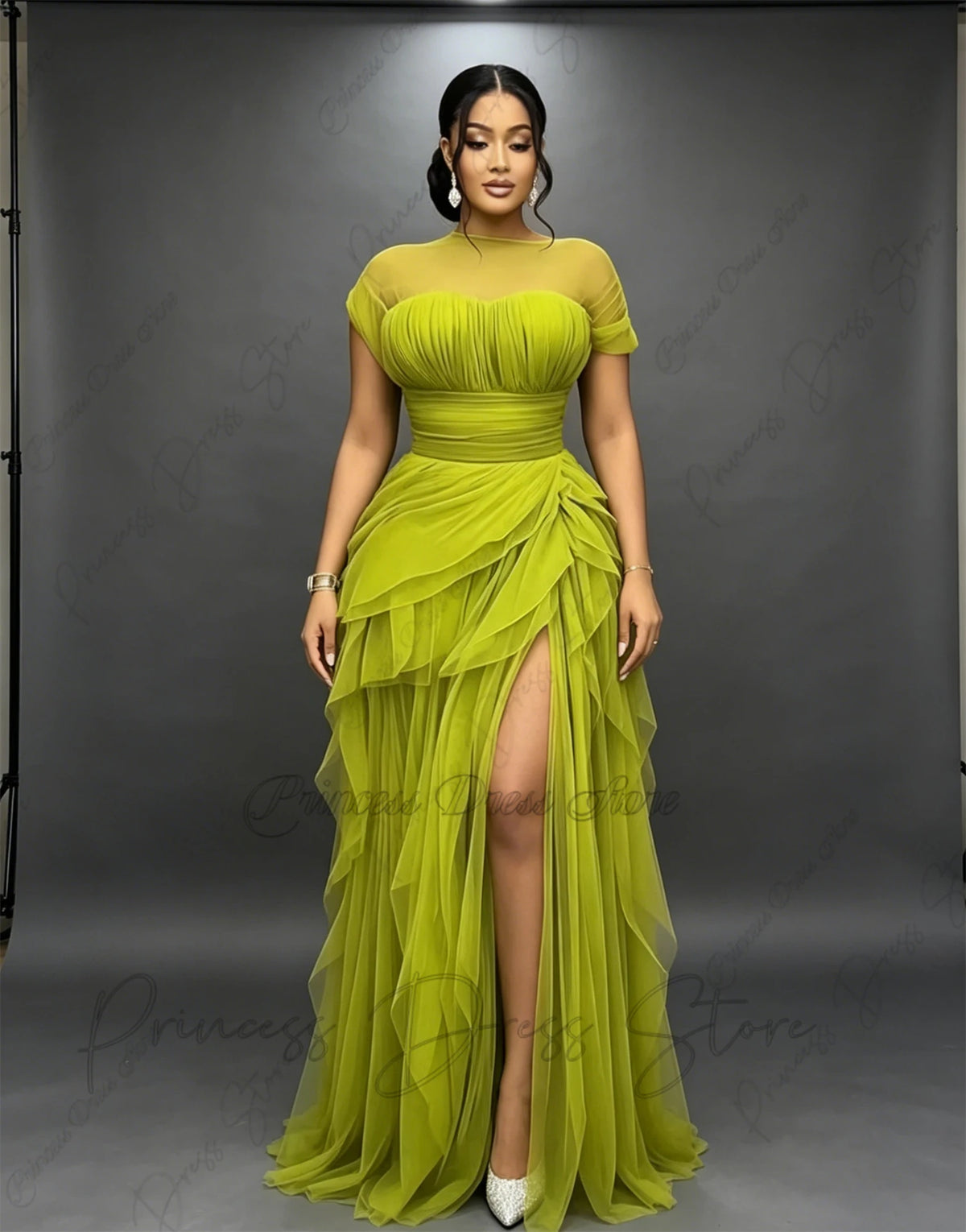Bani Elegant Pleats Tulle Split Long Evening Gowns Birthday Party Dress
