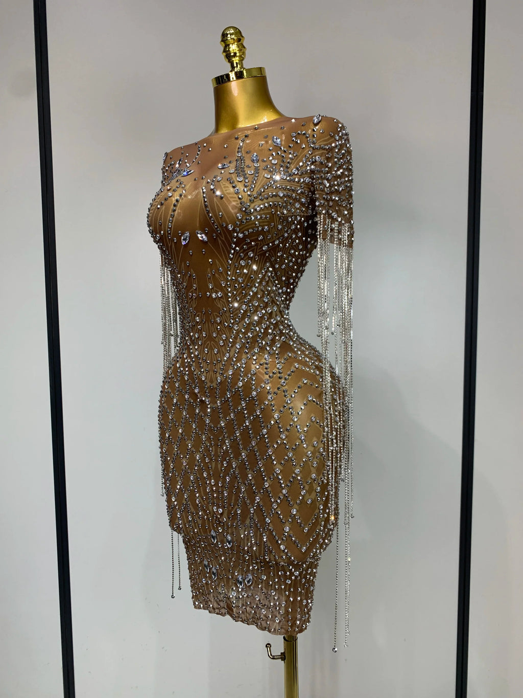 Bedford Luxury Sparkly Rhinestones Tassel Transparent Mesh Stretch Long Dress