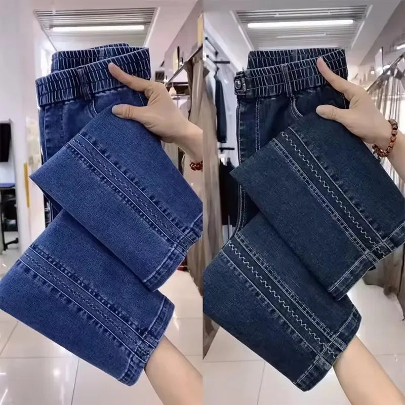 Fashion Women Jeans 2025 New Spring Autumn Korean Wild Elastic Waist Straight Denim