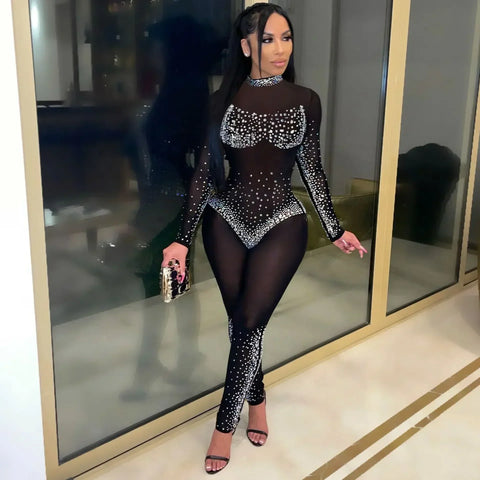 Union Square Fashion Sexy Mesh Perspective Hot Drill Long Sleeve Jumpsuit