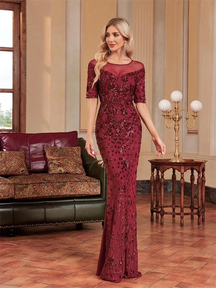 Alpha Luxury O Neck Tulle Formal Evening Shortsleeve Sequin Maxi Cocktail Dress