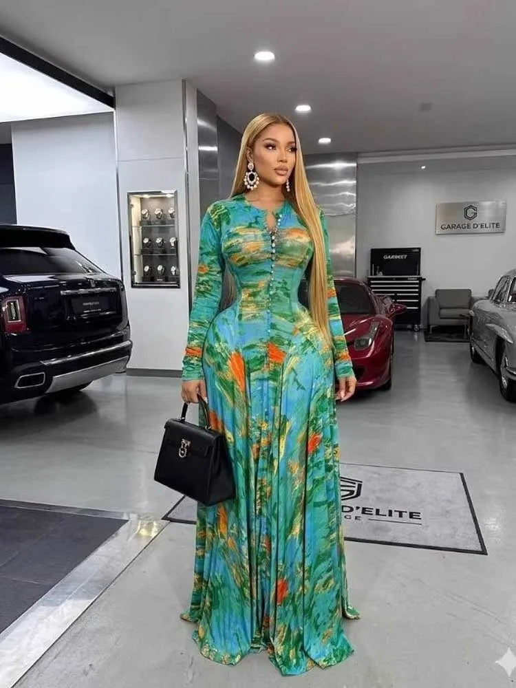 Curvy Women Round Neck Waist Slimming Floral Print Elegant Green Party Dress