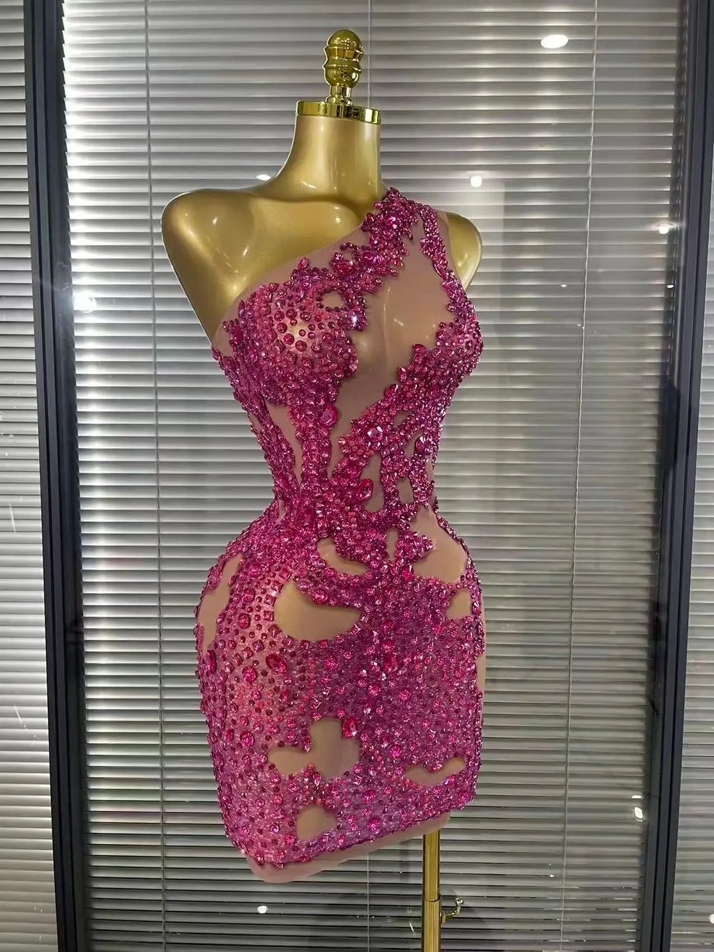 Harper Ferry Shining Rosered Crystal Sexy One Shoulder Mesh See Through Bodycon Mini Dress