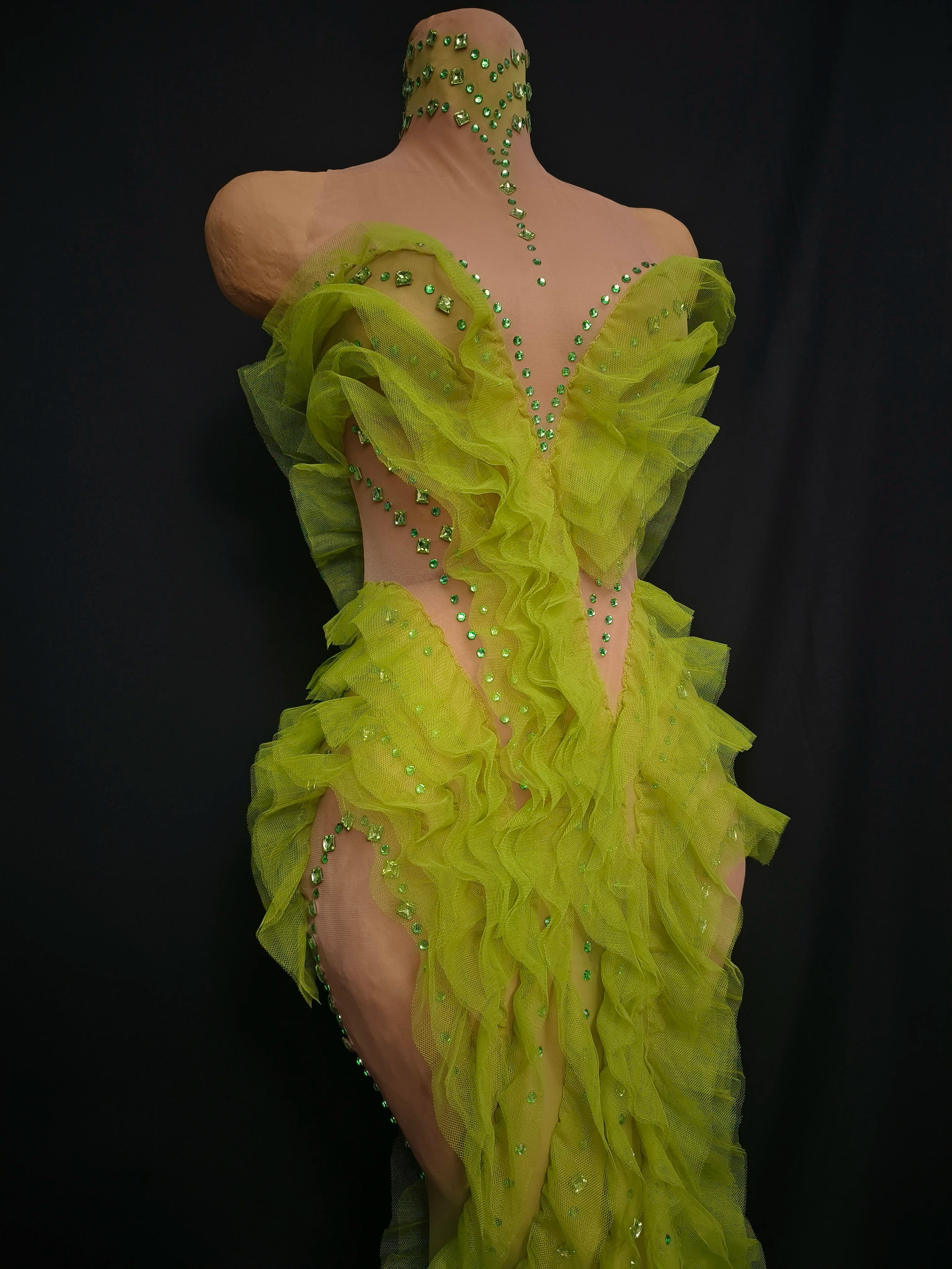 Middlesex Elegant Sparkly Green Rhinestones Mesh Sheer Ruffle Maxi Dress