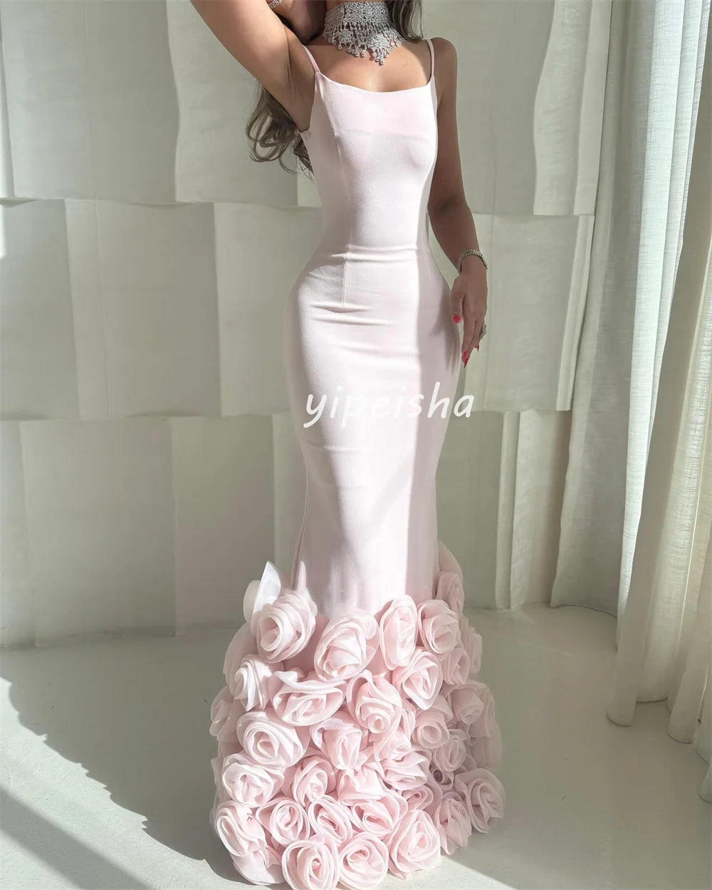 Saddle Brook Intricate Jersey Handmade Flower Pleat Mermaid Spaghetti strap Long Dress