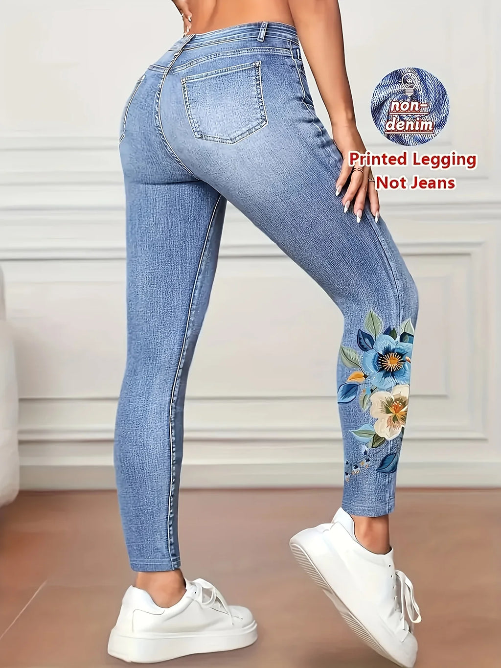 Arcansas Printed Skinny High Elastic Seamless Design with Faux Pockets Jeans