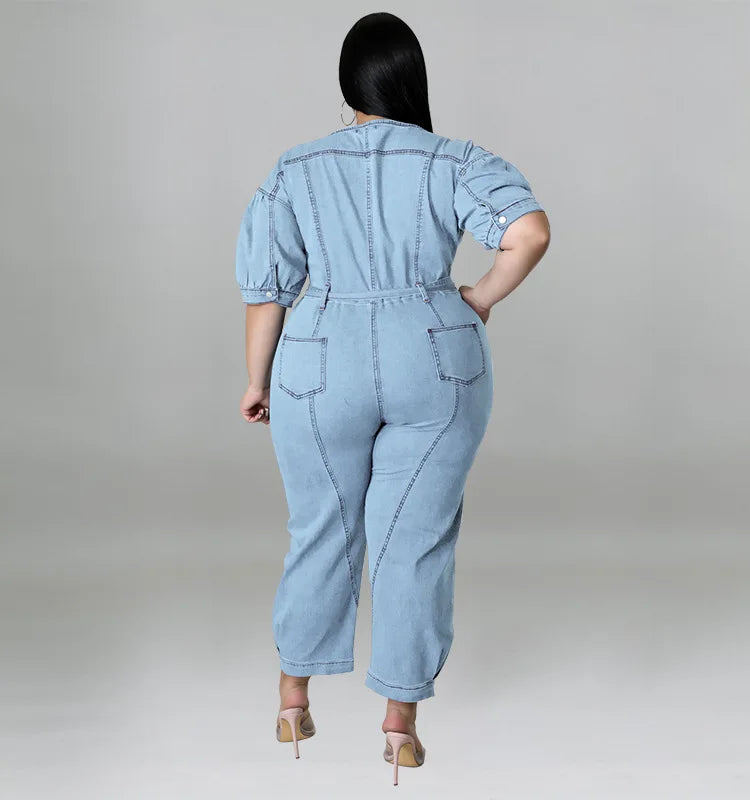 Plus Size Half Zipper Front Belted Jumpsuit Women New Streetwear Puff Sleeve Fashion Washed Jumpsuit