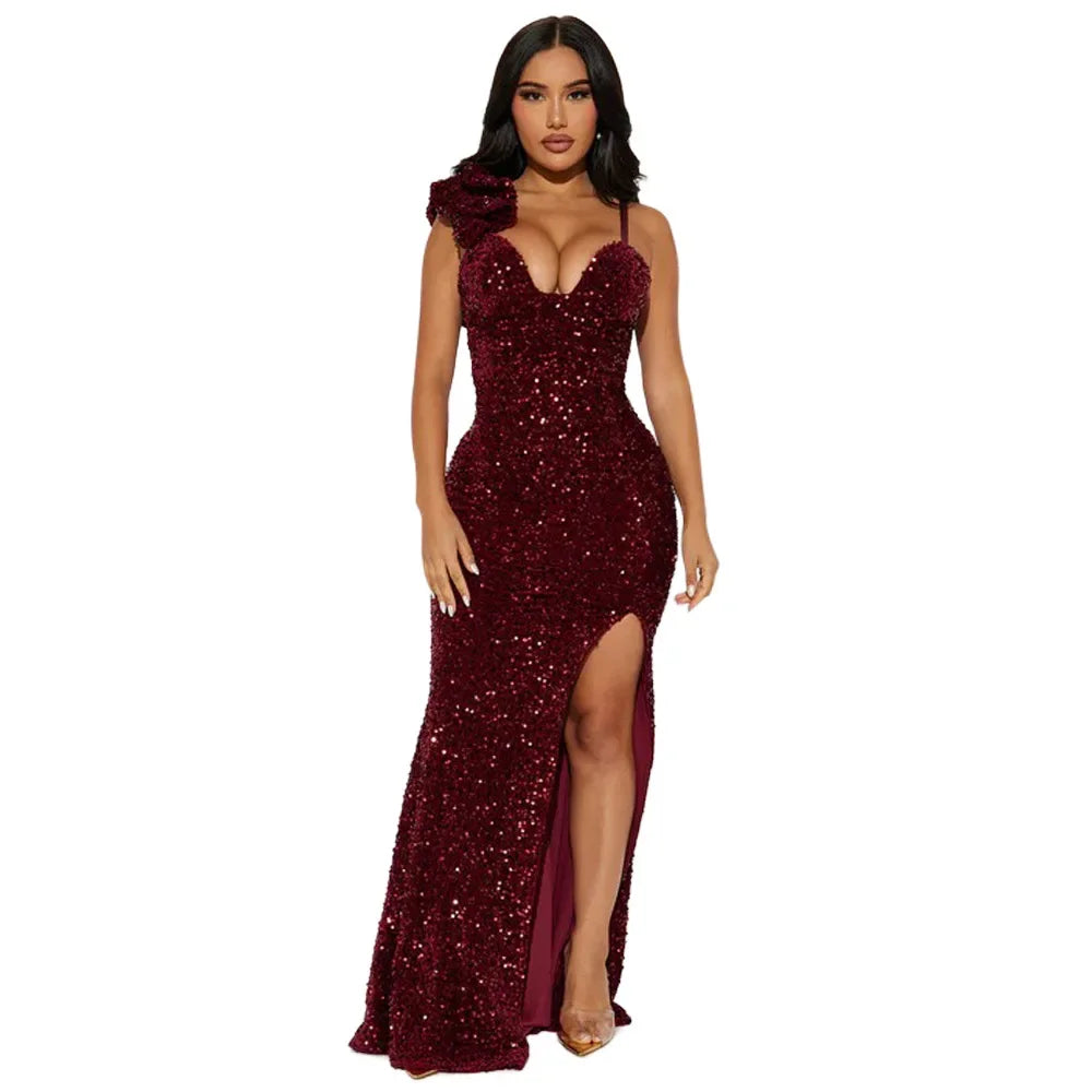 Bayone Sexy Sequins Solid Sexy Slim Fit Evening High Waist Elegant Lady Sleeveless Split Dress