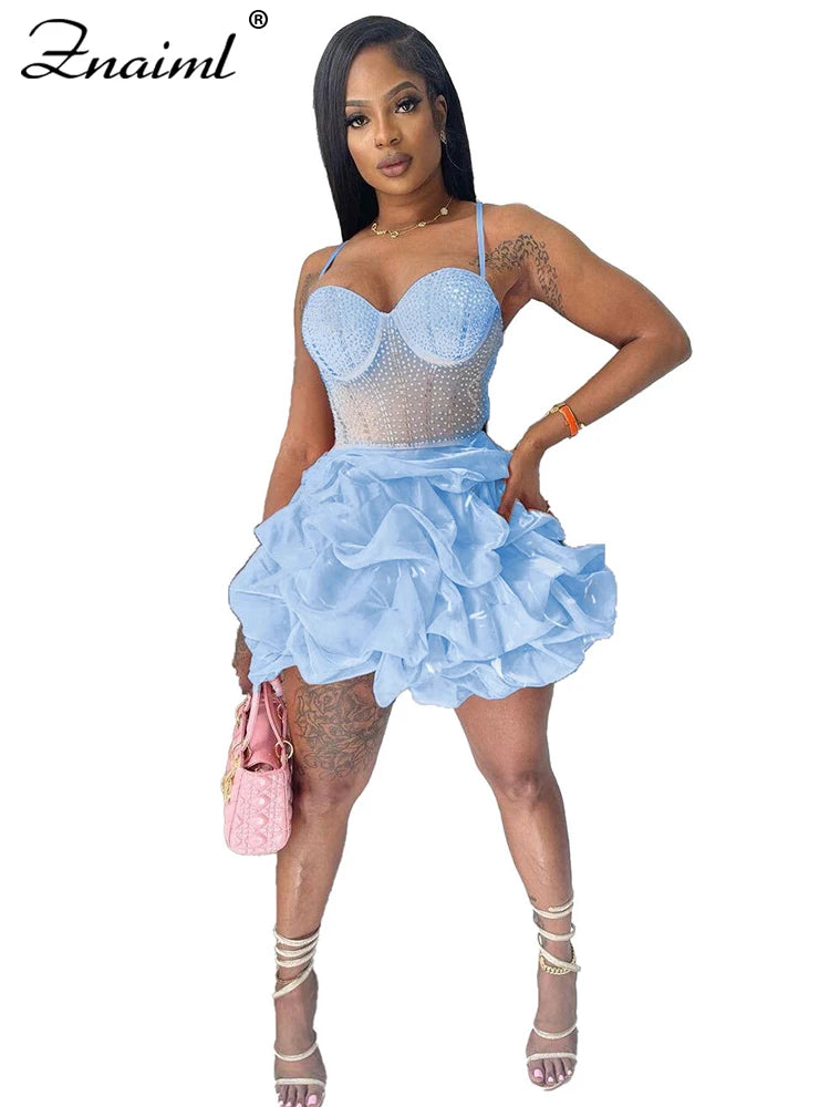 Elegant Christmas Mesh Sheer Patchwork Diamonds Rhinestone Mini Dress