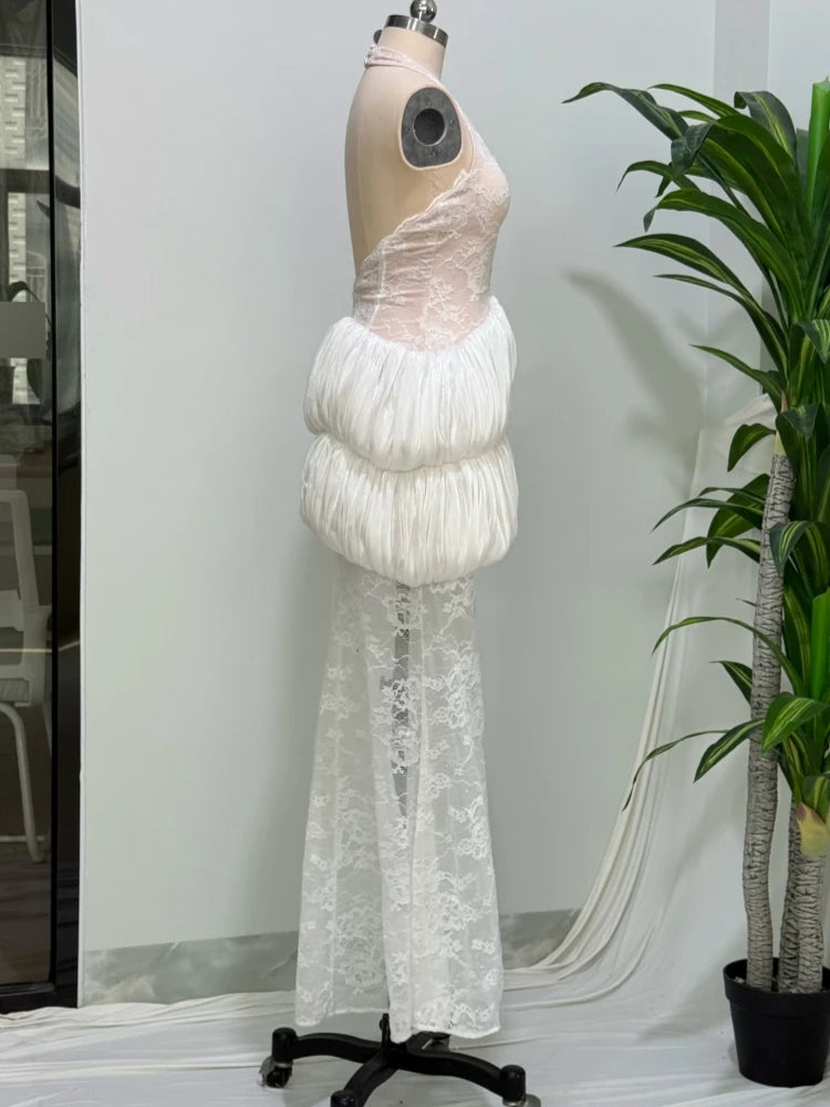 Cotui Sexy Halter Neck Lace Patchwrok Tiered Ruffles Long Backless Slim Dress