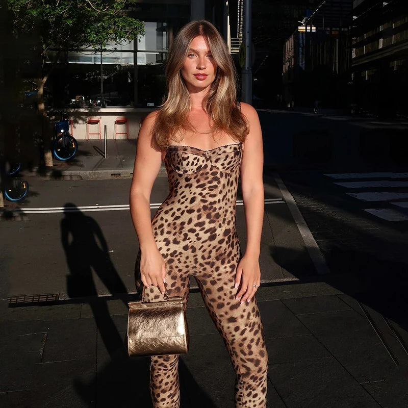 sexy Jumpsuit Women Sleeveless  Trend Leopard Print Sleeveless Street Fit Stretch Activity Workout Overalls
