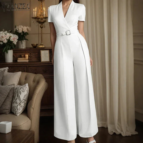 Weirton High Waist Jumpsuits Workwear Belt Rompers Solid Deep V Neck Elegant Overalls