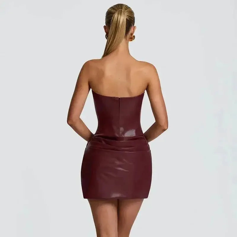 Ronkonkoma PU Pleated Sleeveless Strapless Pleated Party Dress