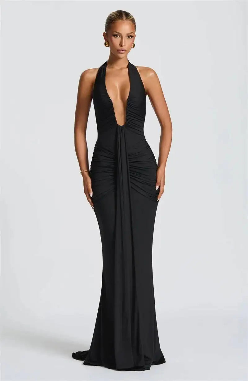 Deep V Neck Draped Ruched Sexy Halter Sleeveless Backless Club Party Long Dress