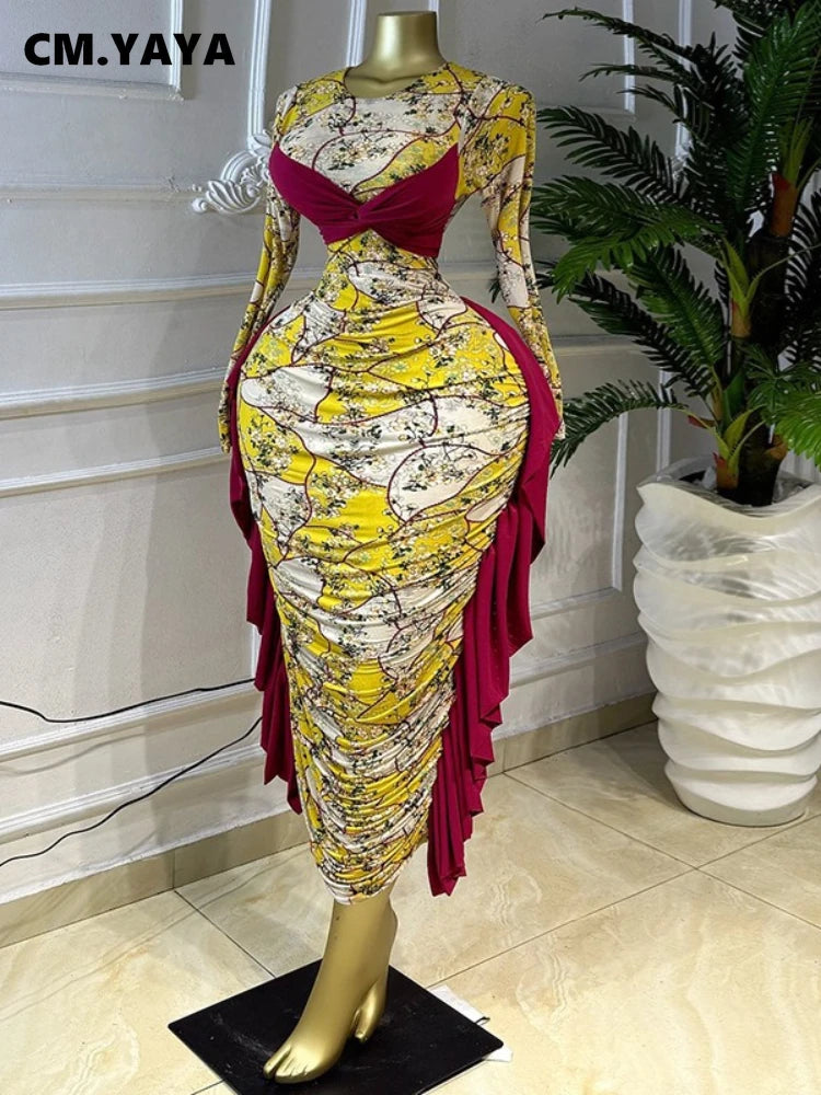 Kukutan O-neck Long Sleeve Floral Print Ruched Ruffles Long Maxi Dress