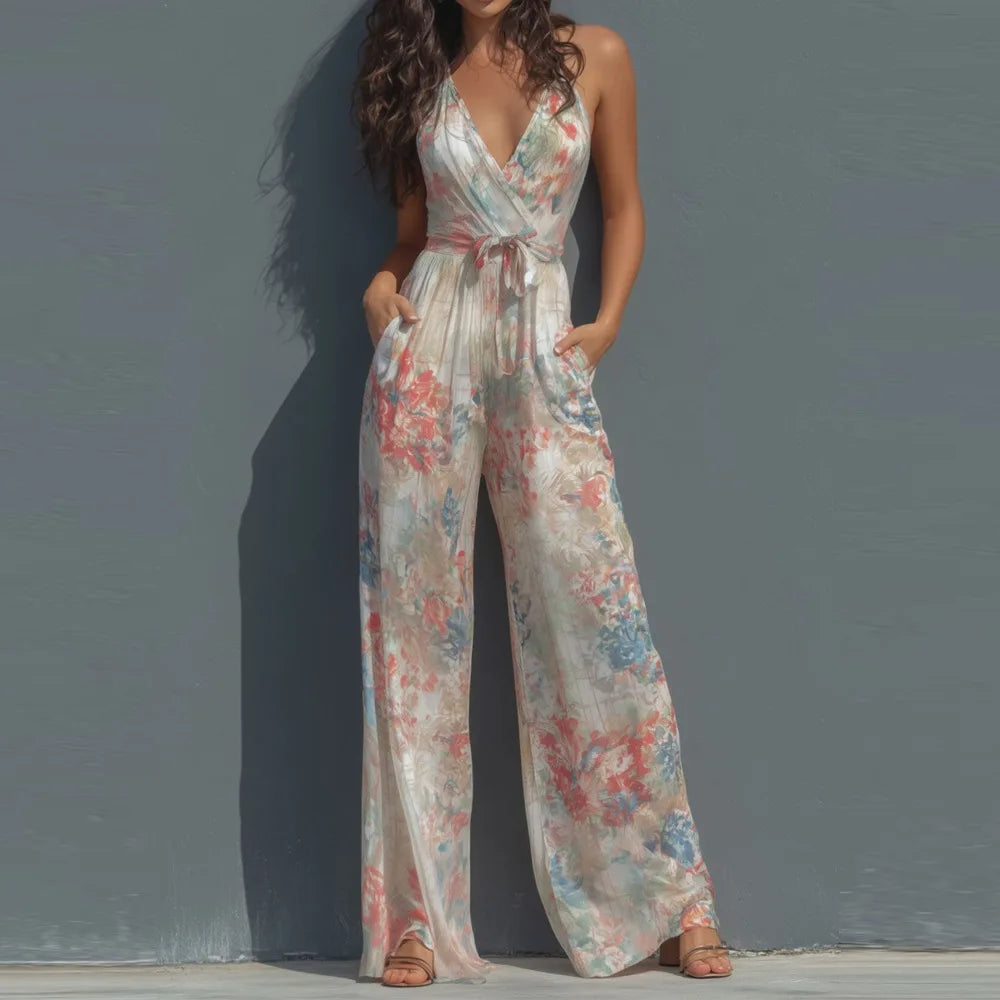 Fashion Elegant Long Jumpsuit Women Sexy Backless Wide Leg Jumpsuits Casual Sleeveless Floral Rompers Summer Clothes Jumpsuits