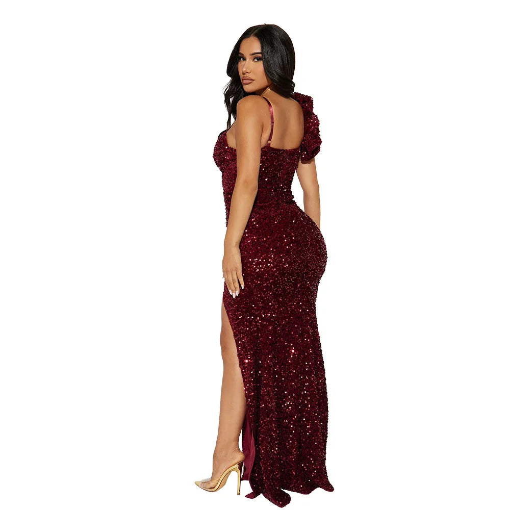 Bayone Sexy Sequins Solid Sexy Slim Fit Evening High Waist Elegant Lady Sleeveless Split Dress