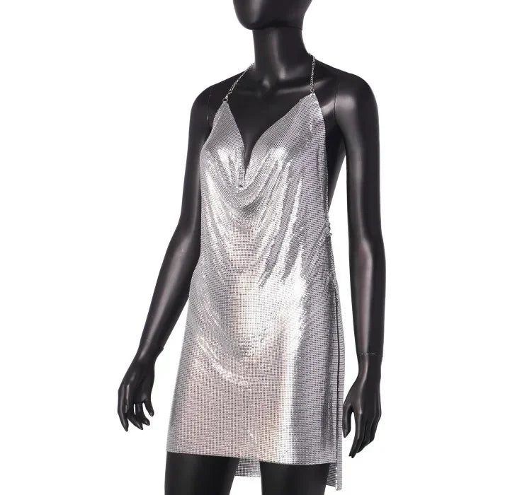 Square Backless Sequin Suspender V-neck Halter Neck Split Dress