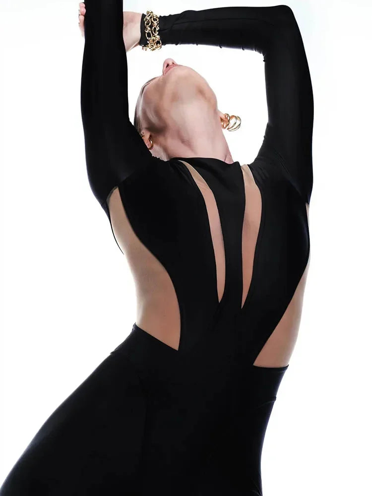 Auburn Hills Sexy Mesh Patchwork Jumpsuits Fashion O Neck Long Sleeve