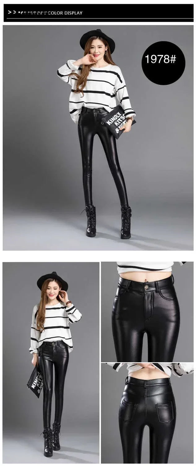 Green Pond PU Leather Leggings Pencil Pants with Thermal Lining Female High-Waisted Stretchy
