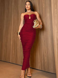 Greenville Sleeveless Strapless Pleated With Button Elegant Long Maxi Dress