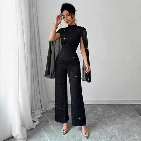 Manhattan Glitter Mock Neck Sheer Chiffon Cloak Sleeve Elegant Overalls Temperament Jumpsuit