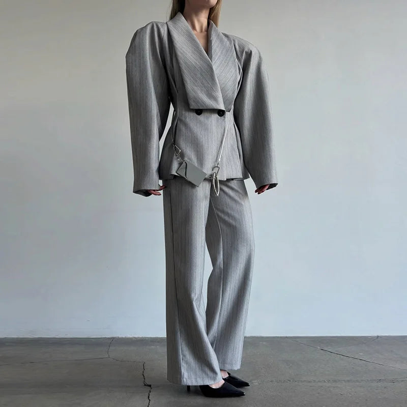 Olga Lapel Suit Set V-neck Puff Sleeve Two Piece Sets