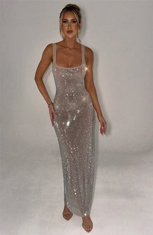 Bellport Sequins Backless Gown Sparkle Square Collar Sleeveless Bodycon Long Dress