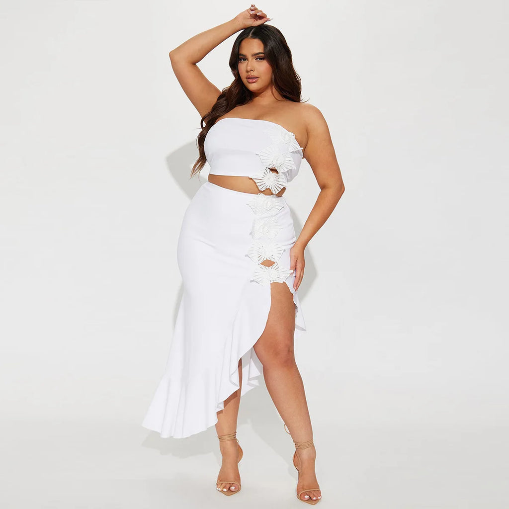 Manchester Strapless Crop and Ruffles Split Midi Maxi Long Two Piece Set