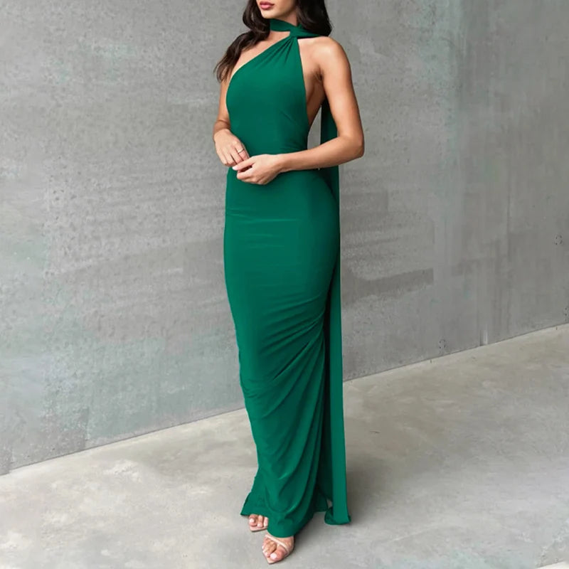 Jefferson One Shoulder Sleeveless Backless Ruched Bodycon Maxi Dress