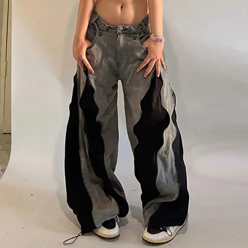 Wildwood Street Color Stitching Washed Baggy Slim Spice Girl Wide-leg Mop Jeans