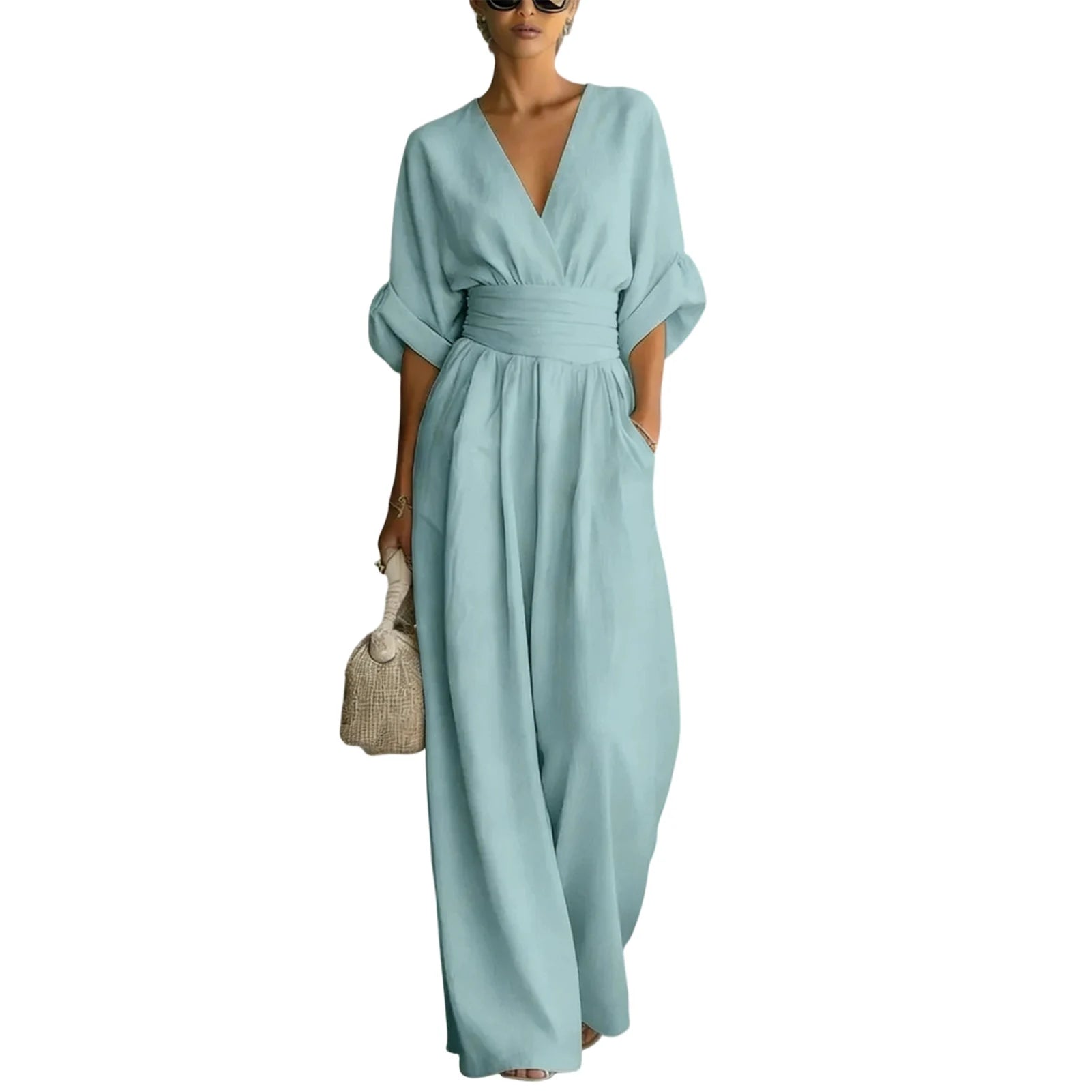 Women's Jumpsuit Fashion High Waist V-neck Casual Jumpsuits Sexy Solid Color Office Wide Leg Trousers Overalls Vacation Outfit