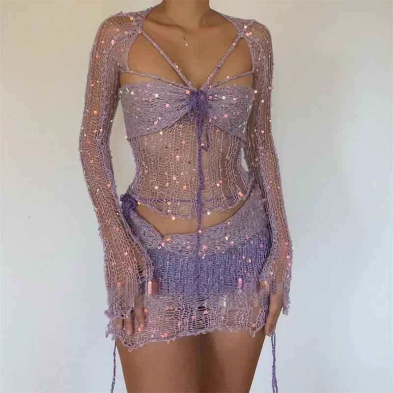 Ismel Glitter Sequins Knitted Two Piece Sets