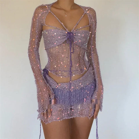 Ismel Glitter Sequins Knitted Two Piece Sets
