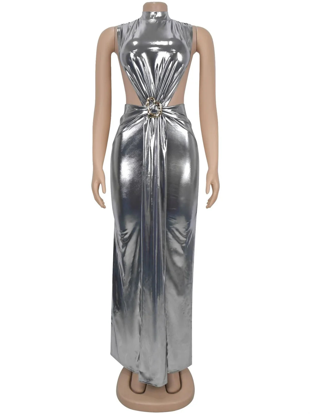 Hudson Square Side Split Ruched Sleeveless Waistless Silky Sexy Metal Button Ribbon Dress