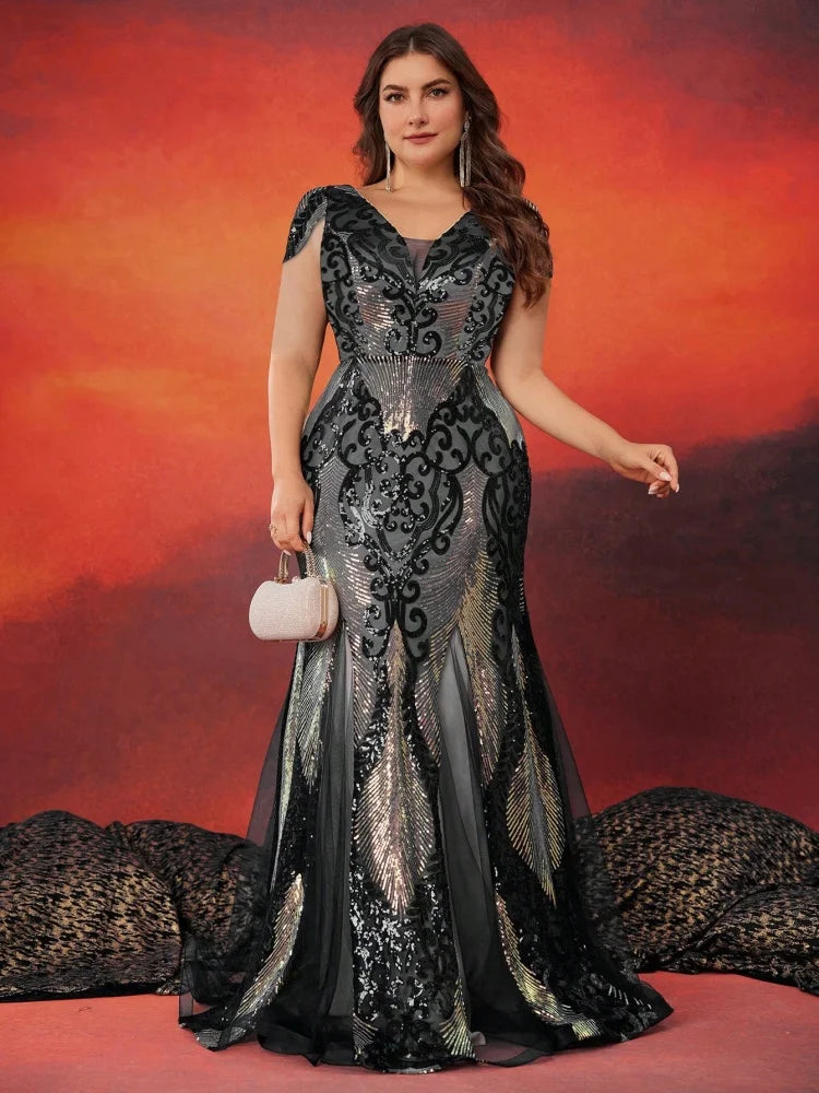 Manapeq Plus Size Luxury Cap Sleeves V-back Sequins Formal Evening Dress