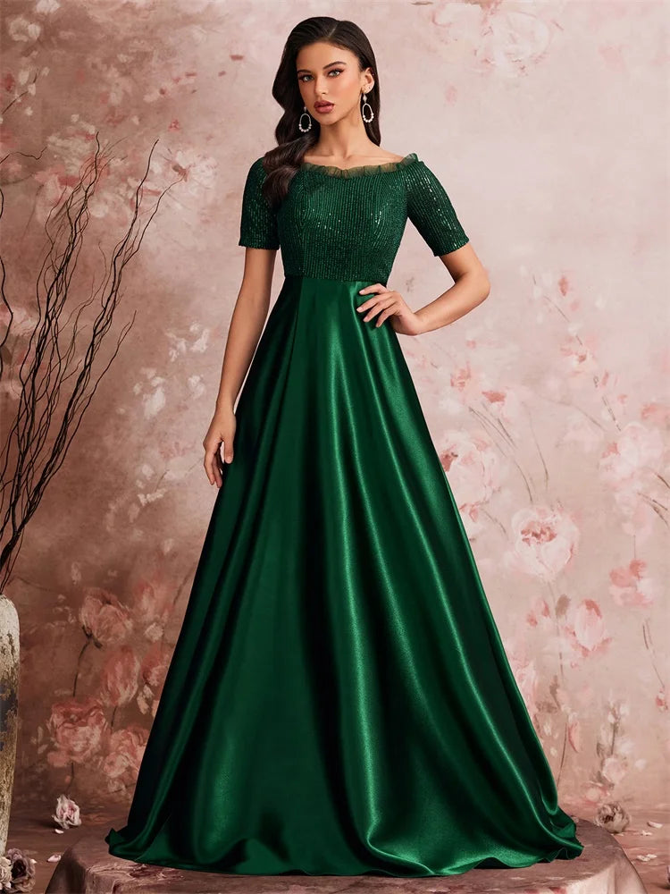 Memphis Luxury Green Satin V-Neck Party Floor Lenght Cocktail Dress